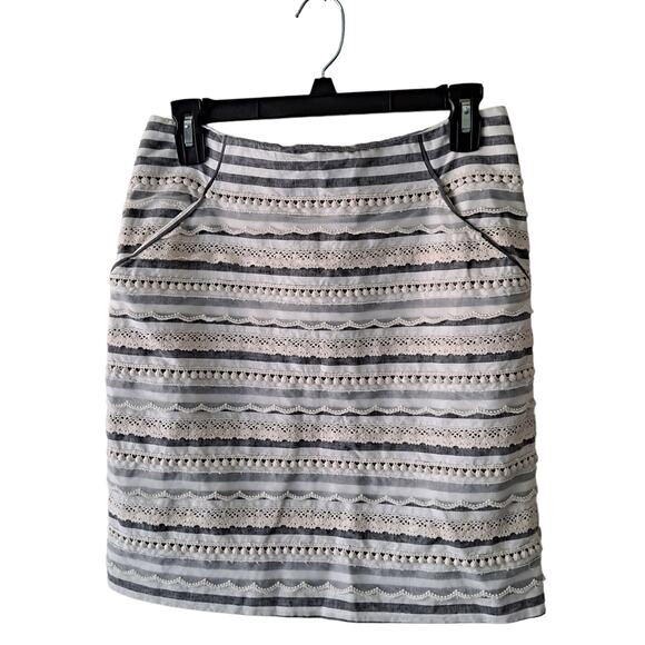 Tabitha Womens Beige & Gray striped A Line Skirt w Lace Trim & Side Pockets - 2 - Picture 1 of 10